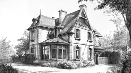 A detailed pencil drawing of a charming house with a large garden, trees and a driveway.