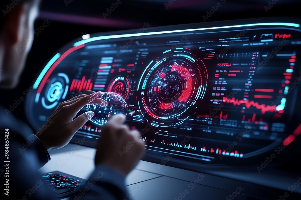 Poster futuristic analytics interface, with digital holograms of data charts and key performance indicators