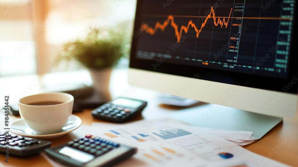 Poster a high-angle view of a desk with a gold price chart on a computer monitor, accompanied by financial 