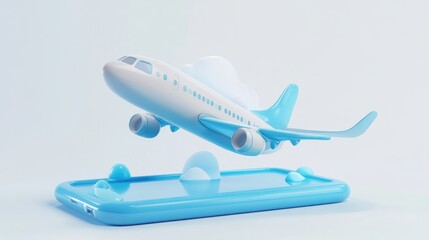 Fototapeta premium White cartoon airplane taking off from a smartphone.