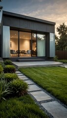 Modern garden house with sleek design and greenery.