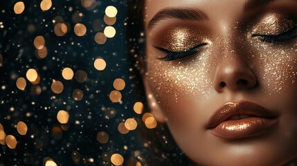 Gorgeous lady with gold makeup on black glitter background. Sparkling Black Friday look.