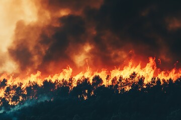 Intense wildfire burning through forest trees with heavy smoke and flames, illustrating the destructive power of nature and fire danger.