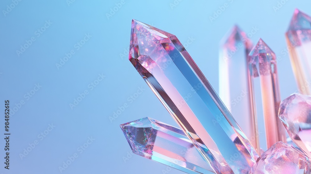 Poster a cluster of iridescent crystals with a sharp focus on a single crystal, set against a soft blue and