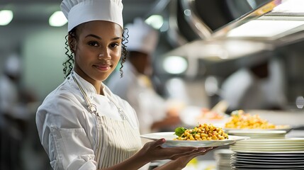 African american woman food service worker holding plate of fresh cooked pasta in contemporary kitchen. Highlighting the hospitality industry, chefs, and culinary expertise in restaurant settings