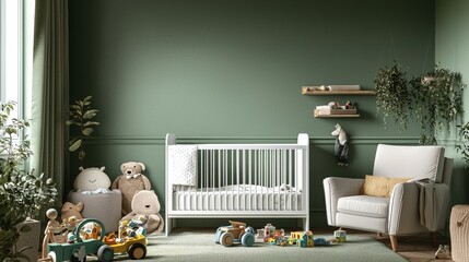 Green Nursery Room Interior Design with White Crib and Toys, nursery room, interior design, baby room