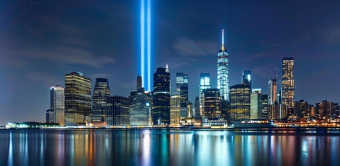 Night skyline view with glowing skyscrapers illuminated with blue lights
