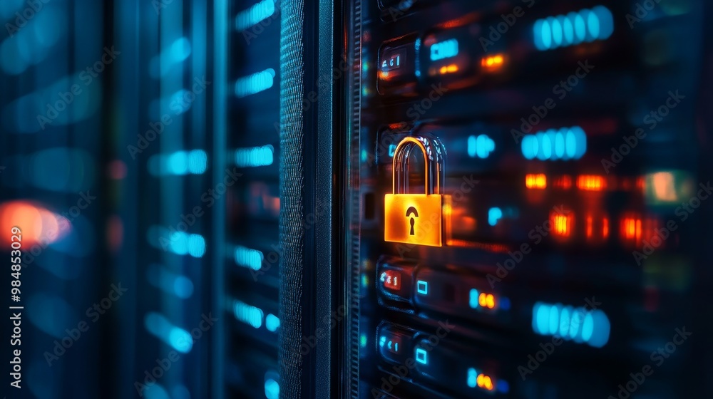 Poster a close-up shot of a server rack with a glowing padlock, symbolizing data security, network protecti