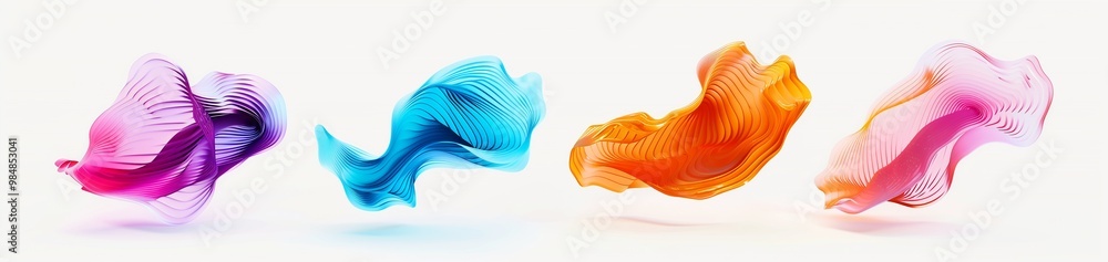 Poster 4 designs of abstract shapes in different colors on a white background, with smooth curves and wavy 