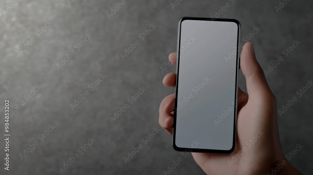 Poster modern smartphone with transparent screen in left hand on transparent background, smartphone in hand
