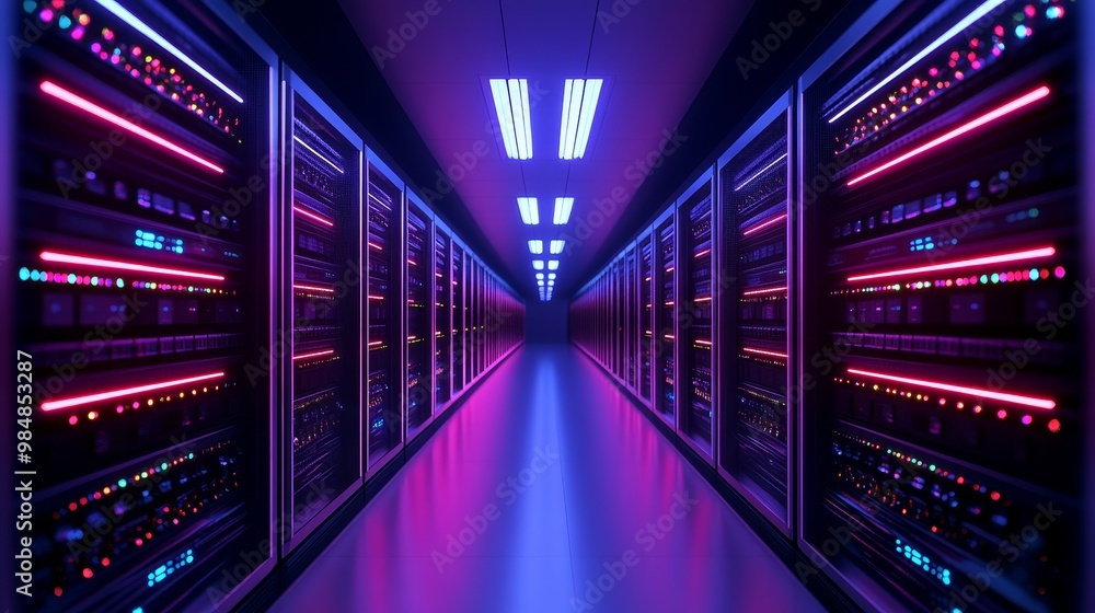 Poster a mesmerizing view down a data center corridor, with rows of server racks illuminated by vibrant pin