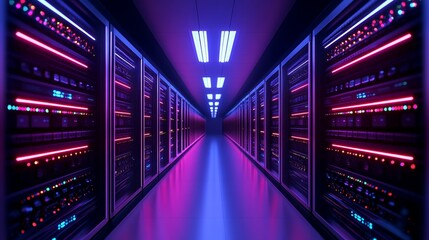 A mesmerizing view down a data center corridor, with rows of server racks illuminated by vibrant pink and blue lights. This image symbolizes technology, connectivity, data storage, and the future of c