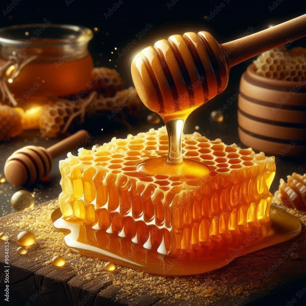 Poster this image captures a close-up view of a honeycomb block with golden honey being drizzled from a woo