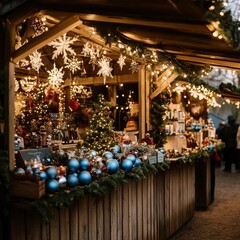 A rustic Christmas markets featuring blue matte decorations and glowing lights, creating a festive atmosphere.