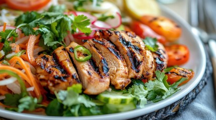 A high-definition image of a plate of spicy som tam with grilled chicken, showing the vibrant colors and textures of the dish with fresh vegetables and herbs.