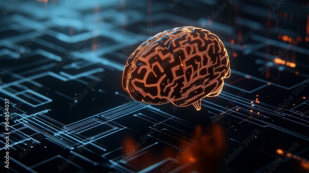 Poster a 3d digital brain with intricate circuitry, symbolizing the intersection of artificial intelligence
