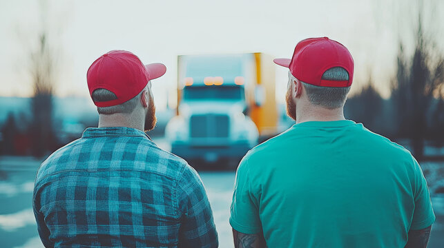 Two men in red caps watch a semi-truck pull away.