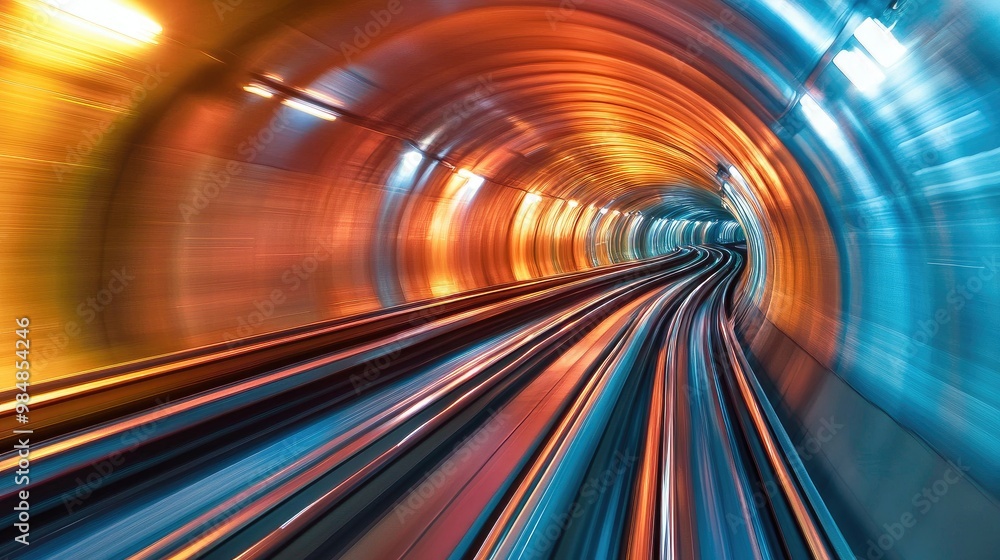 Poster a high-definition image of a train passing through a tunnel, with the motion and lighting effects cr