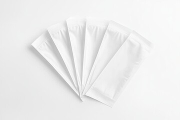 Five white sealed packets arranged in a fan-like pattern on a clean white background, highlighting simplicity and symmetry in a minimalist design