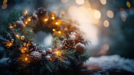 Fototapeta premium A rustic Christmas wreath featuring green glittery decorations and glowing lights, creating a festive atmosphere.