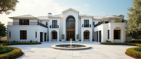 Modern Villa, Luxurious two-story white mansion with a fountain against the backdrop of a green lawn and well-kept landscape, modern architecture