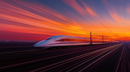Obraz premium A high-speed train speeding along its tracks, captured at sunset with the sky painted in warm orange and pink hues, highlighting the beauty of travel.