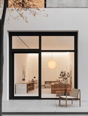 Storefront with white walls and black metal accents, glass windows showing the interior of the store, minimalist wood furniture in front of the building. Generative AI.