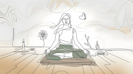 A young woman practices yoga in lotus pose, enjoying a relaxing cup of tea