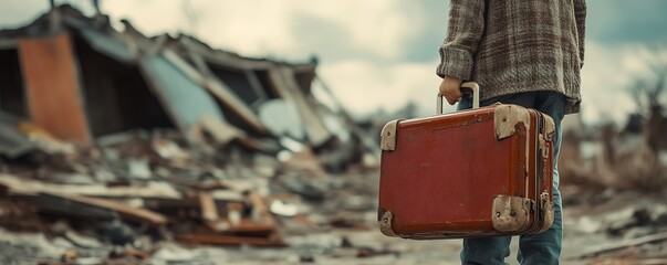 Person holding vintage suitcase in desolate, post-apocalyptic landscape with ruins in background, signifying a journey through devastation.