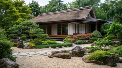 Fototapeta premium A Japanese-style house with a traditional thatched roof, wooden beams, and a small, private Zen garden with carefully arranged rocks and plants.