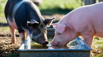 Black and pink pig drinking from trough, farming, livestock