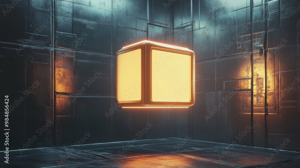 Poster a cube is floating in a room with a lot of light