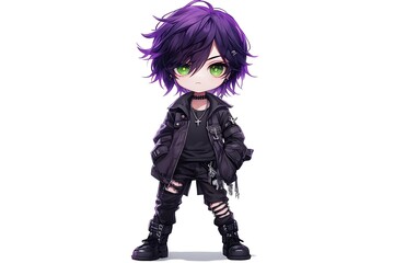 Obraz premium Cute anime boy with purple hair and green eyes wearing a black leather jacket, ripped jeans and boots. Illustration of a young character with a cool, punk style.