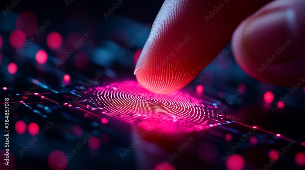 Poster a fingertip scans a glowing fingerprint sensor, symbolizing secure access, identity verification, fu