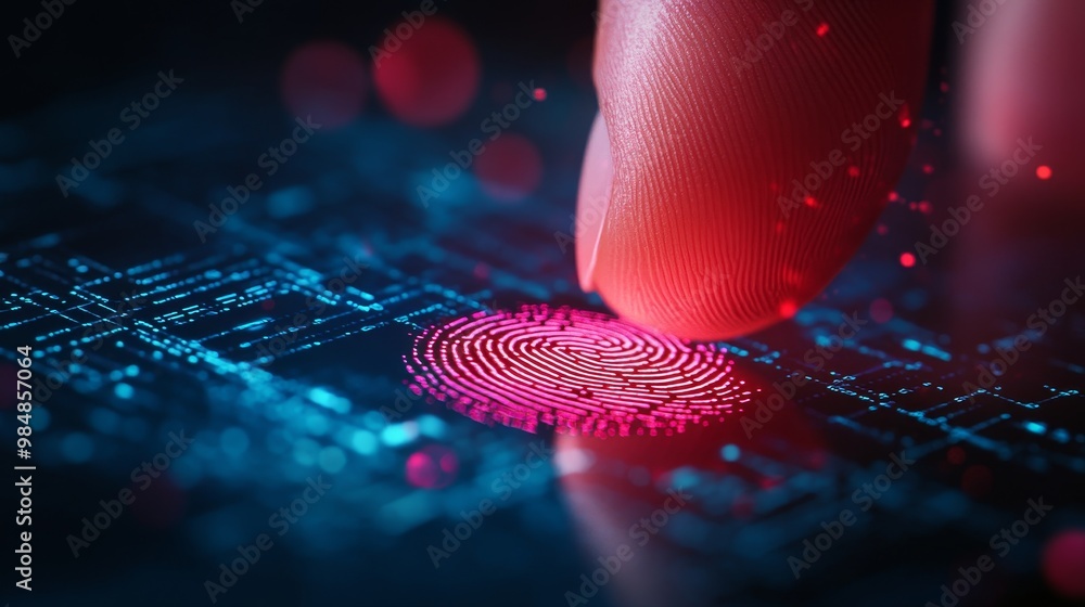 Poster a close-up shot of a finger scanning a fingerprint sensor. the image symbolizes security, authentica