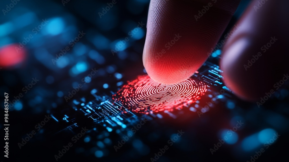 Aufkleber close-up of a finger scanning a fingerprint sensor, representing secure access, identity verificatio