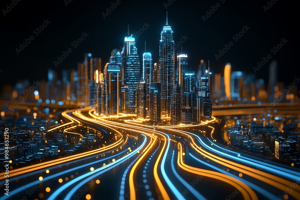 Poster futuristic cityscape with glowing lines, symbolizing the future of business development in a dynamic