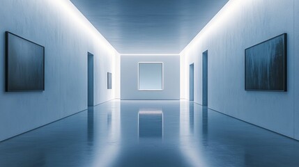 A long hallway with white walls and blue lights