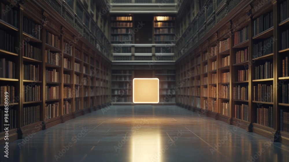 Poster a large empty library with a square box in the middle
