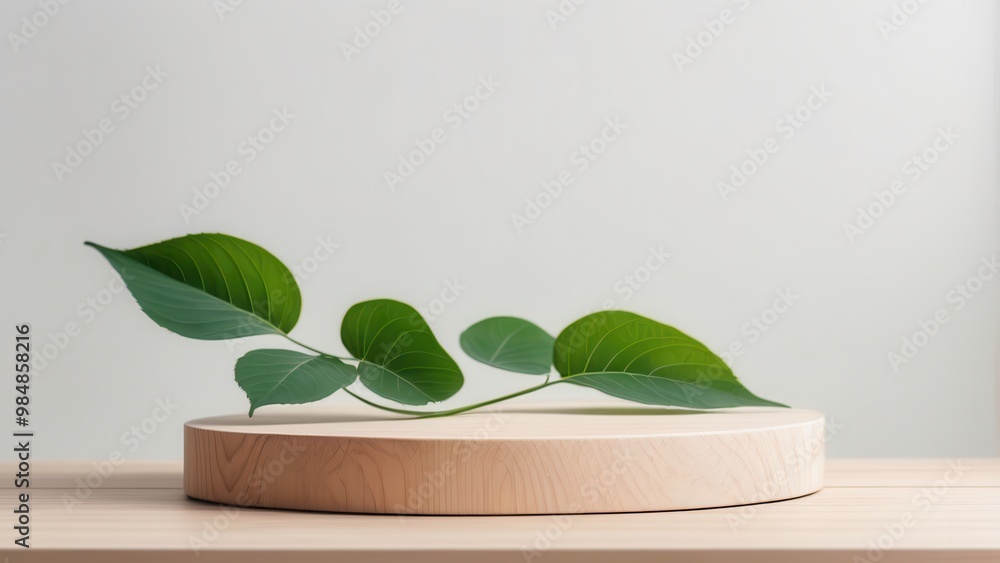 Poster a minimalist display featuring a wooden platform with green leaves, emphasizing nature and simplicit