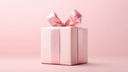 Obraz premium A beautifully wrapped gift box with a satin ribbon, positioned at the golden ratio point in front of a soft pastel pink background transparent background