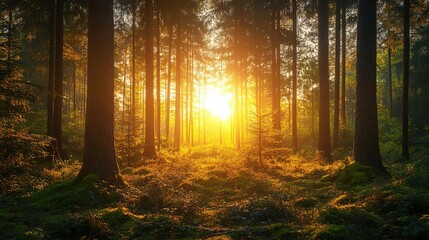 Serene forest landscape at sunrise, with golden light filtering through trees, creating a tranquil and peaceful atmosphere.