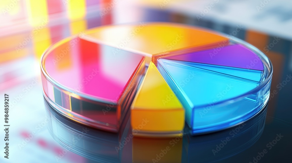 Poster a modern 3d pie chart with colorful, glass-like slices rotating slightly, highlighting key data poin