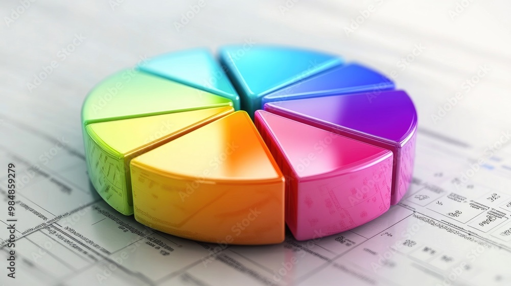 Poster a modern 3d pie chart with colorful, glass-like slices rotating slightly, highlighting key data poin