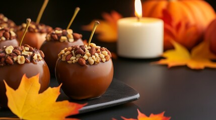 A cozy autumn scene with caramel-dipped apples topped with nuts and chocolate, a lit candle, and seasonal decorations like pumpkins and vibrant leaves