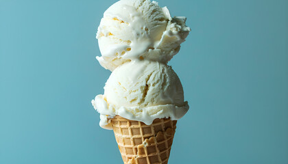 Two scoops of Vanilla ice cream on top ice cream cone blue background