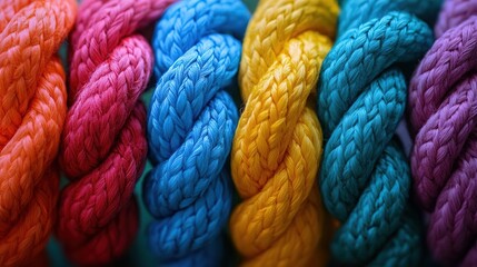 Vibrant, colorful ropes neatly arranged, showcasing the beauty of texture and hue in a captivating close-up perspective.