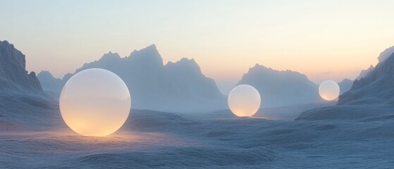 A scene of three glowing white spheres in a snowy landscape