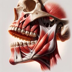 Anatomical illustration of muscles of mastication in the human skull, showing jaw movements