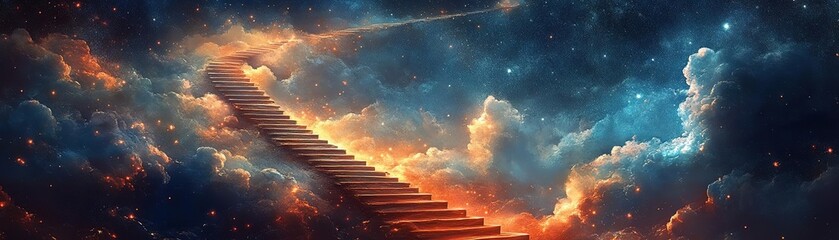 A stunning cosmic stairway leads through vibrant clouds, creating a path to the universe filled with stars and color.